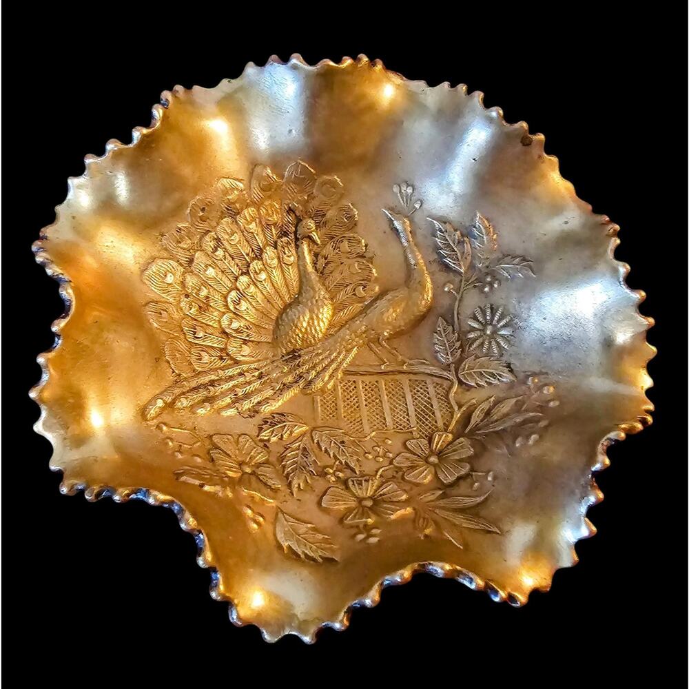 Northwood Extremely Rare Peacocks on the Fence Brass Bowl Free Shipping